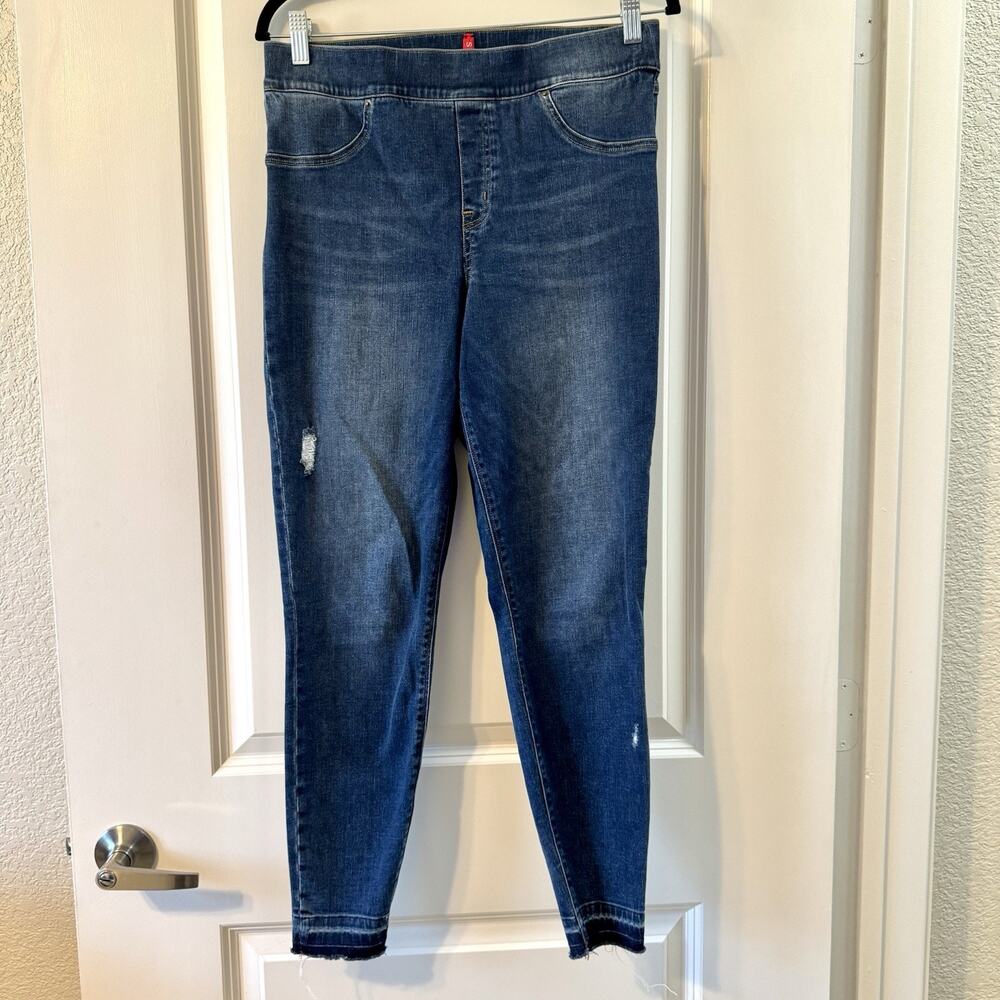Spanx Jeans Womens Large Blue Distressed Skinny Pull On Stretch Denim Ankle Pant